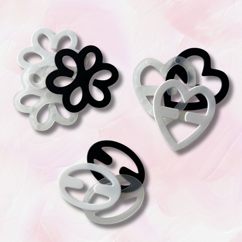 On The Rack metal bra clips with black silicone grips, 1-inch length, smooth matte finish, set of two accessories for secure